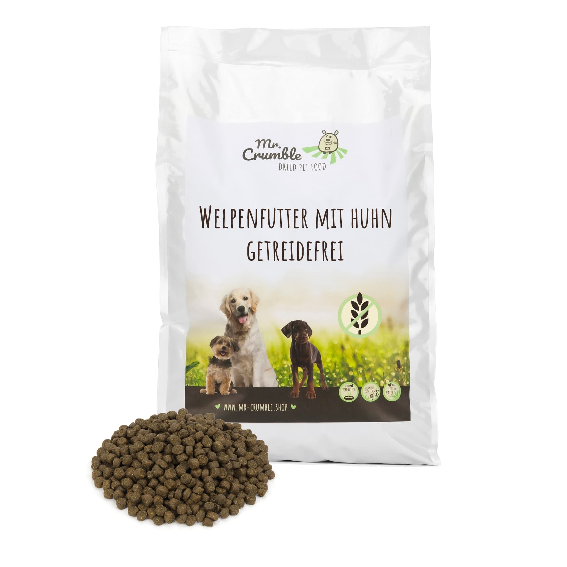 Mr-Crumble-Hundefutter-Welpenfutter-Huhn-getreidefrei-Sack-mit-Schuettung-k Proben Welpenfutter mit Huhn und Krauetern