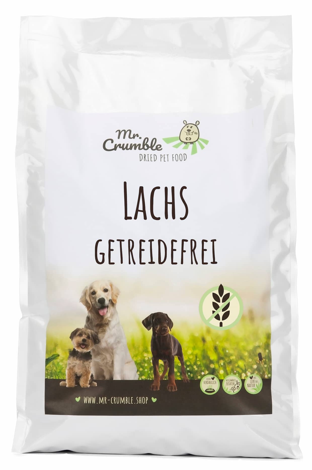 Mr-Crumble-Hundefutter-Trockenfutter-Lachs-getreidefrei-Marketingetikett Hundefutter Lachs Verpackung