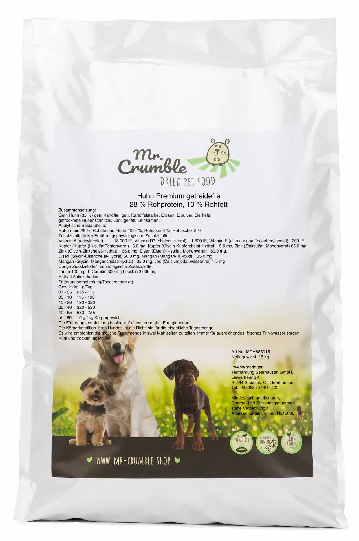 Mr-Crumble-Hundefutter-Trockenfutter-Huhn-Premium-getreidefrei-Realetikett Verpackungsrückseite Hundefutter mit Huhn, glutenfrei