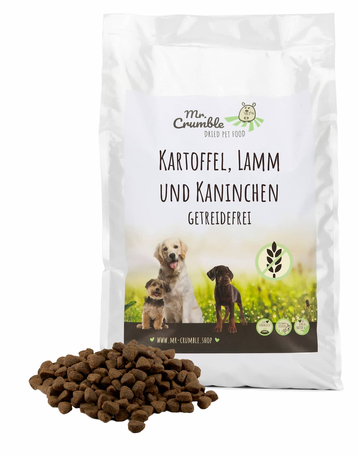 Mr-Crumble-Hundefutter-Trockenfutter-Lamm-und-Kaninchen-getreidefrei-Sack-mit-Futter getreidefreies Hundetrockenfutter mit Kartoffel, Lamm und Kaninchen