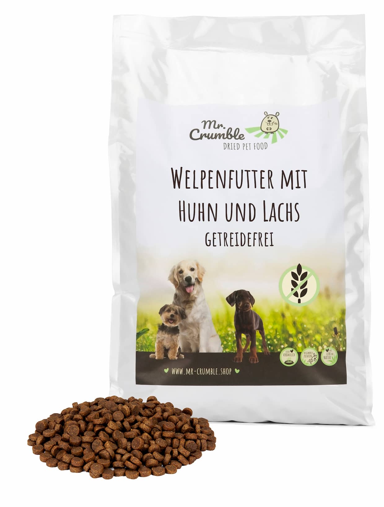 Mr-Crumble-Hundefutter-Welpenfutter-getreidefrei-mit-Huhn-und-Lachs-Sack-mit-Futter Welpenfutter mit Huhn und Lachs getreidefrei
