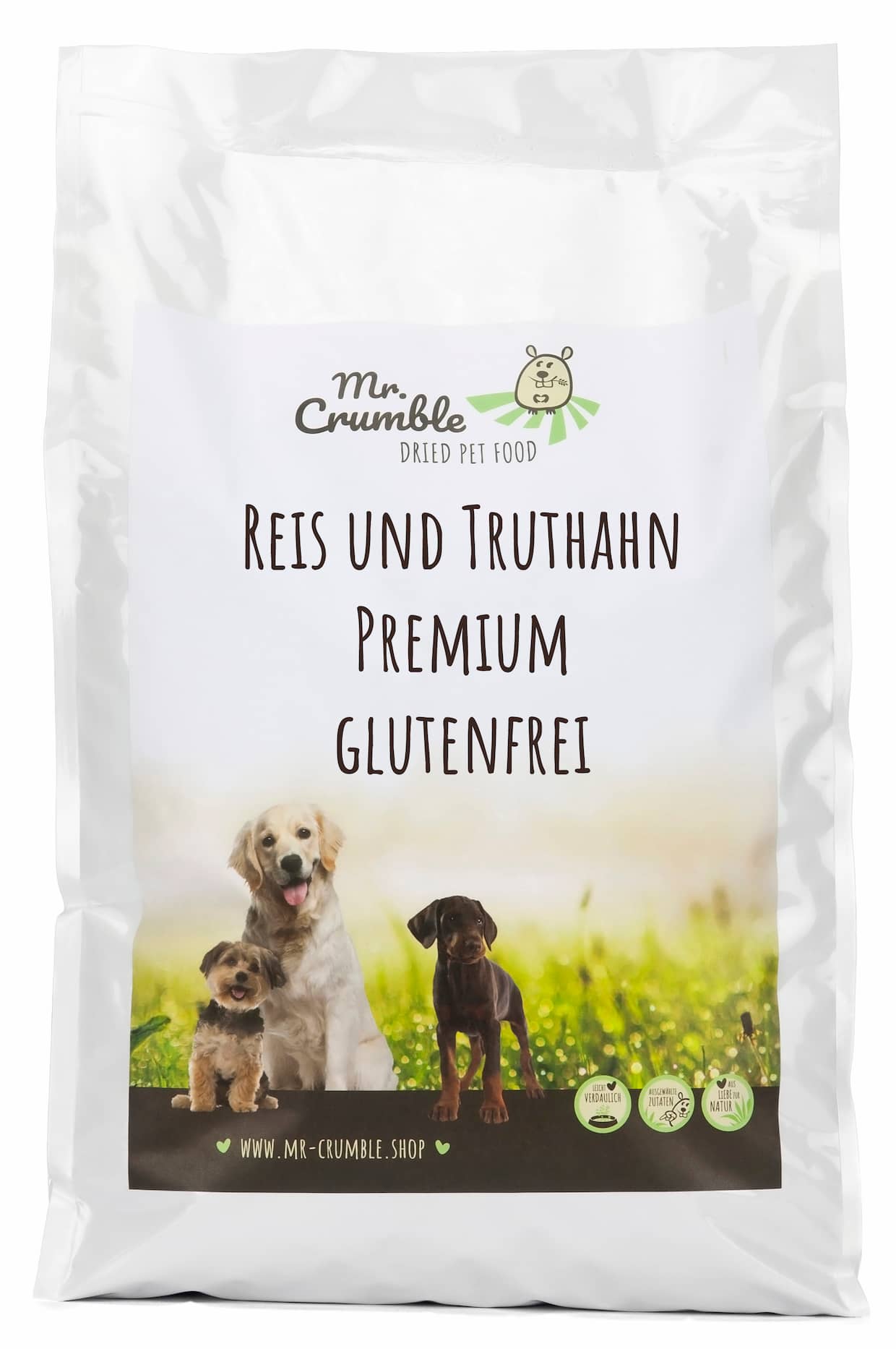 Mr-Crumble-Hundefutter-Trockenfutter-Premium-Reis-und-Truthahn-glutenfrei-Marketingetikett Hundetrockenfutter Reis und Truthahn Verpackung