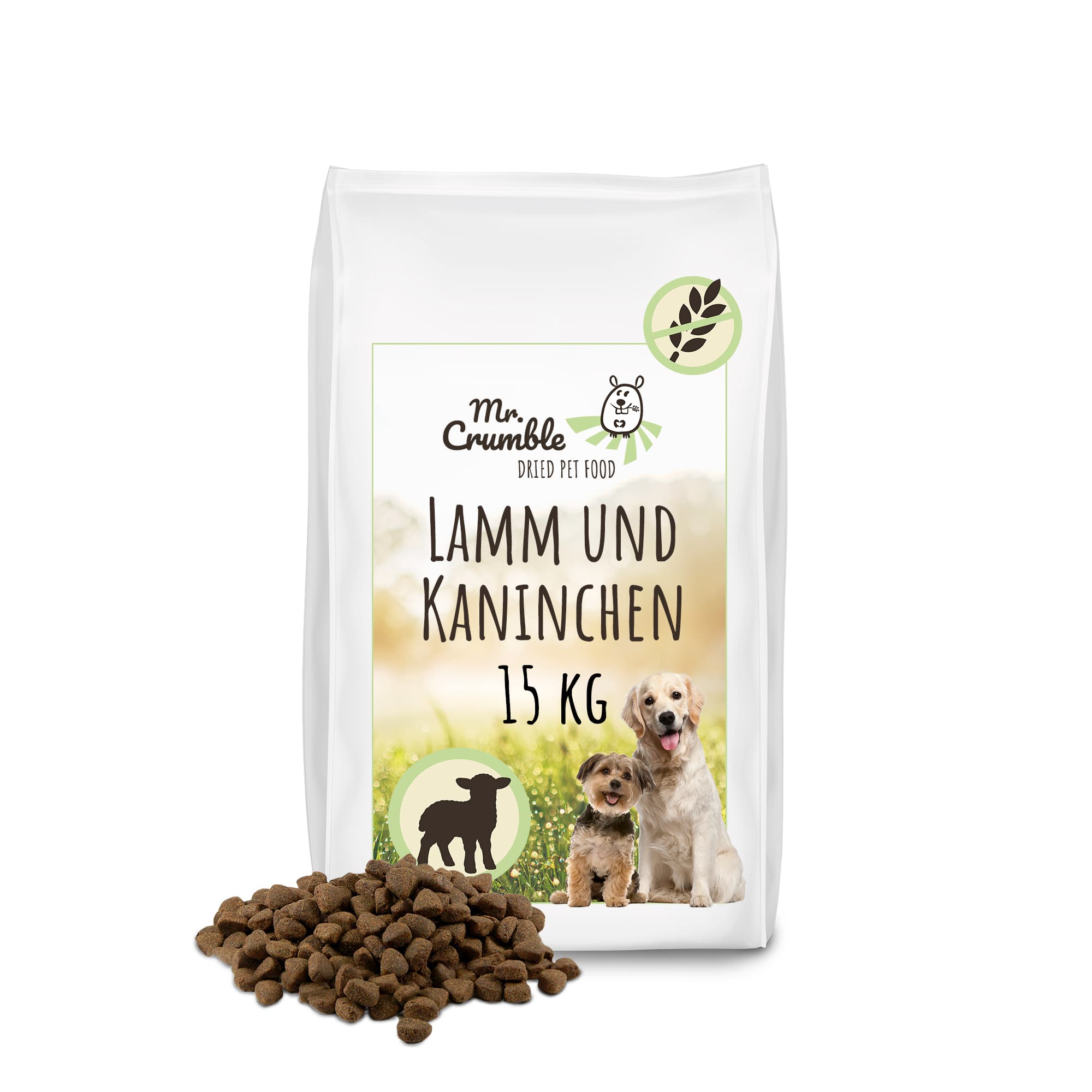 Produktabbildung vom Hundetrockenfutter mit der Geschmacksrichtung Lamm Kaninchen als 15 kg Tüte