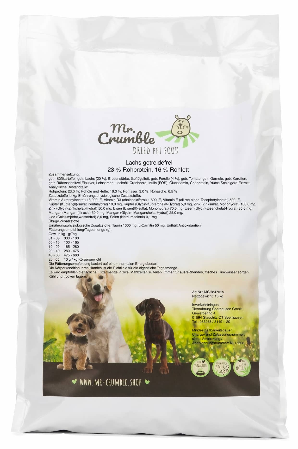 Mr-Crumble-Hundefutter-Trockenfutter-Lachs-getreidefrei-Realetikett Hundefutter mit Lachs Zusammensetzung
