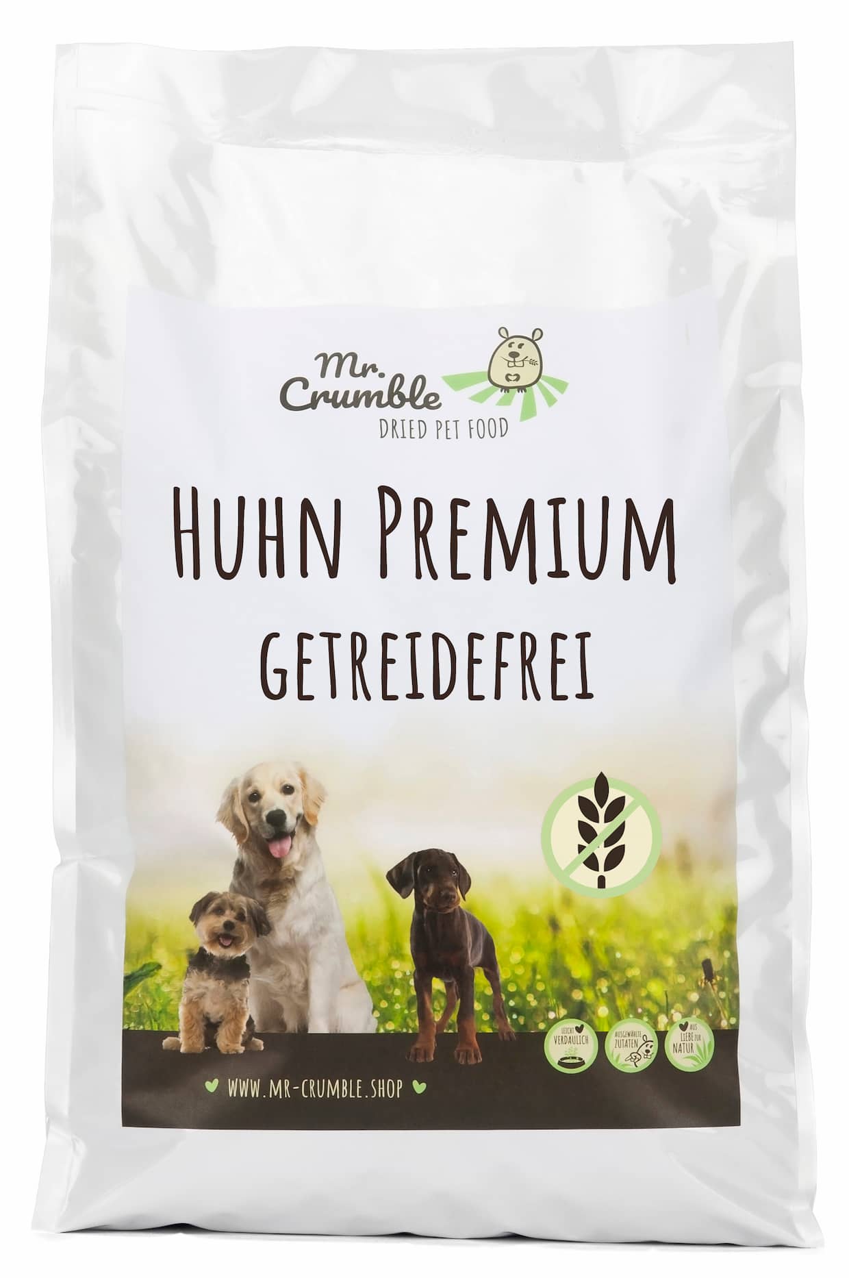 Mr-Crumble-Hundefutter-Trockenfutter-Huhn-Premium-getreidefrei-Marketingetikett Hundefutter mit Geflügel Verpackung