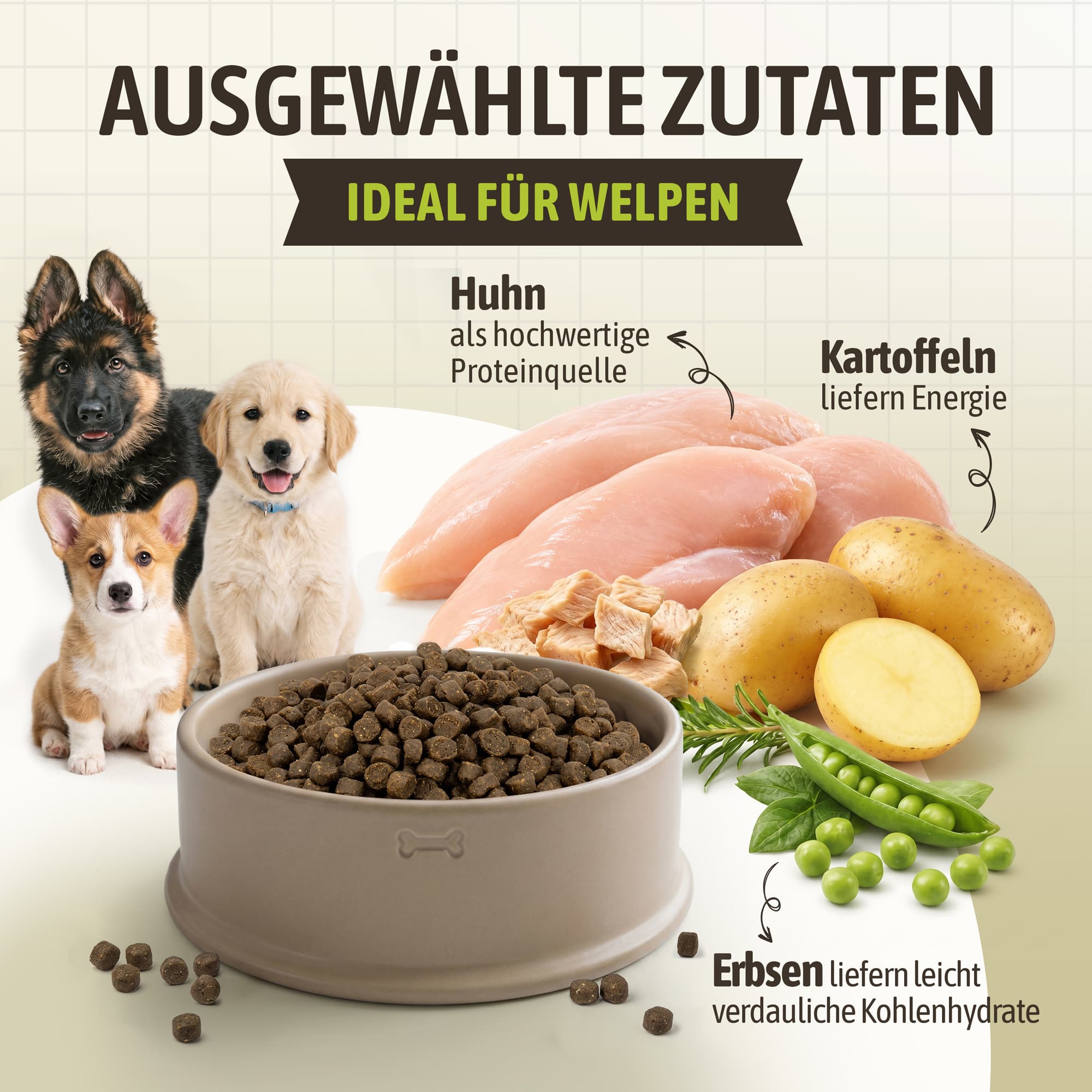 Welpenfutter getreidefrei mit Huhn, Gemüse, Obst und Kräutern