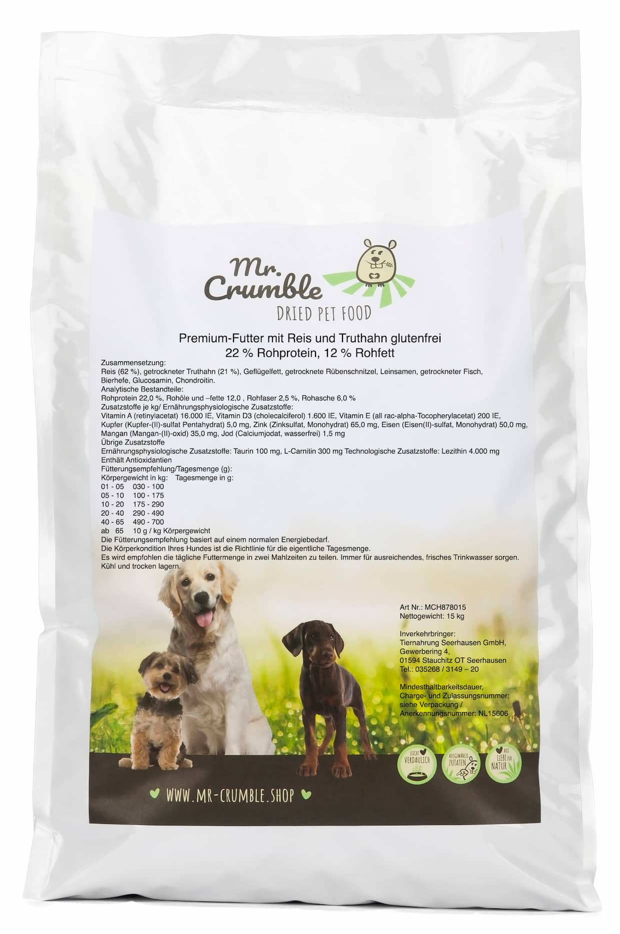 Mr-Crumble-Hundefutter-Trockenfutter-Premium-Reis-und-Truthahn-glutenfrei-Realetikett Zusammensetzung Hundefutter mit Reis und Truthahn