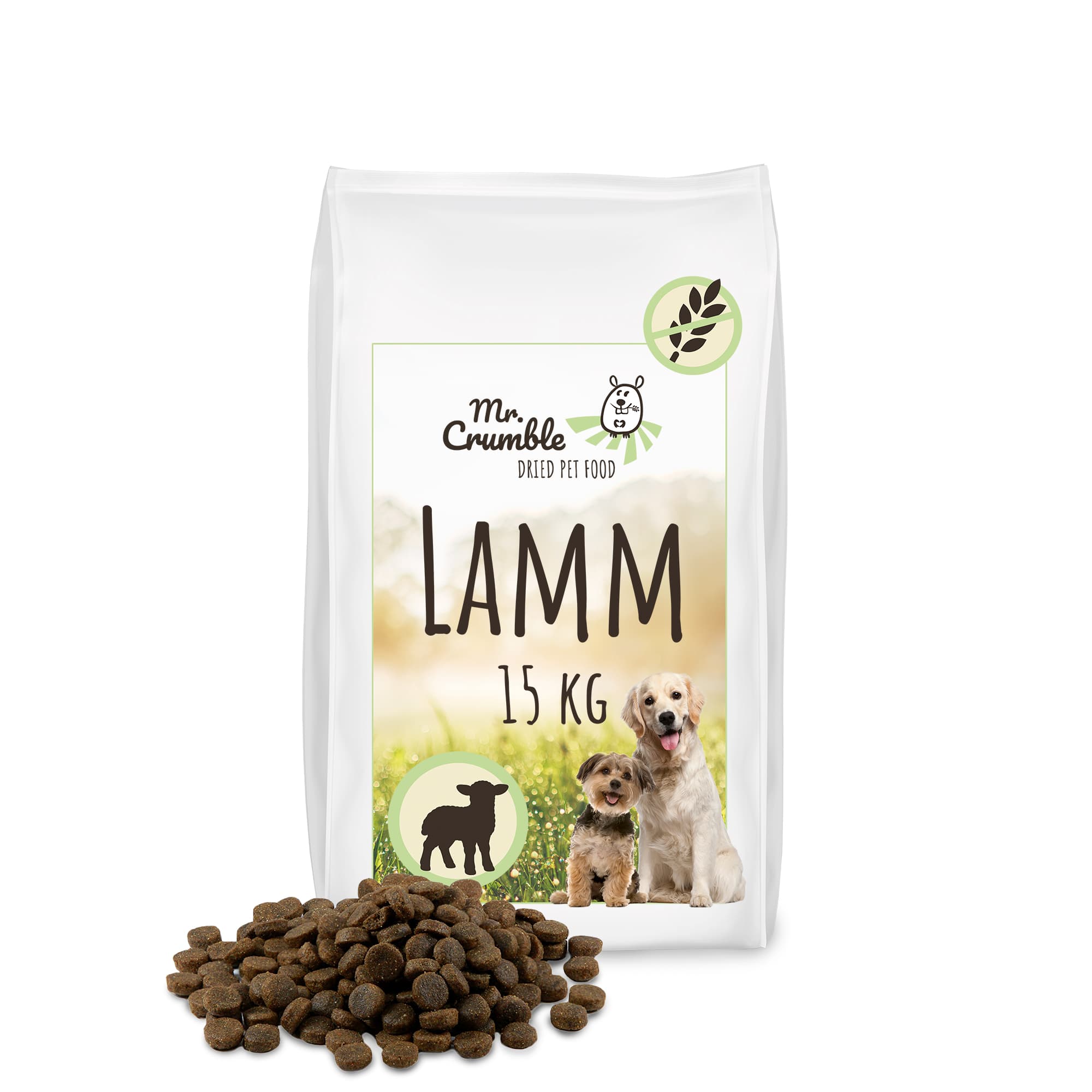 Produktabbildung vom Hundetrockenfutter mit der Geschmacksrichtung Lamm als 15 kg Tüte