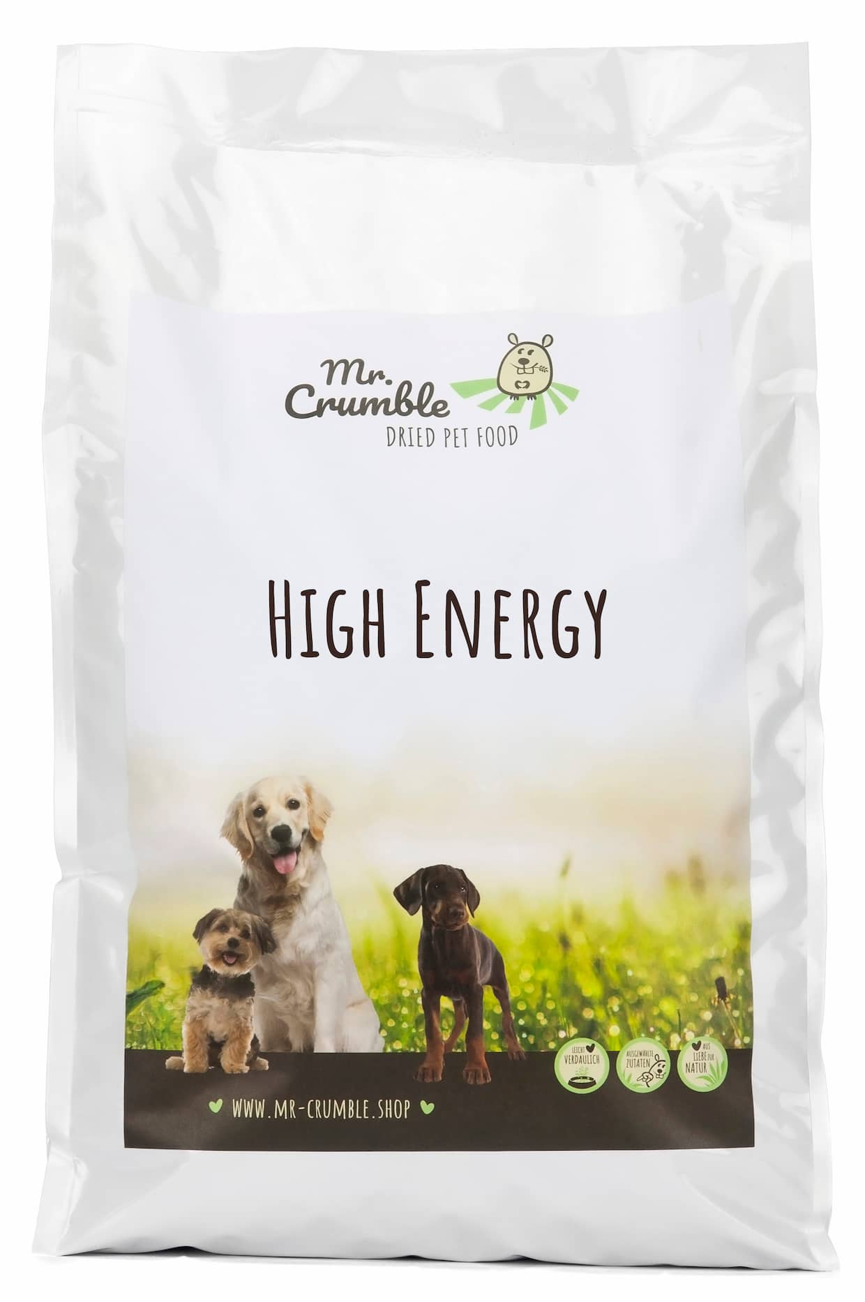 Mr-Crumble-Hundefutter-Trockenfutter-High-Energy-Marketingetikett High Energy mit hohem Fleischanteil für Hunde
